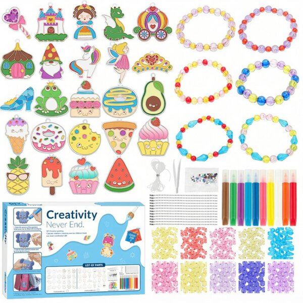 deAO Toys DIY Crystal Jewelry Craft Set for Girls Bake-Free Watercolor Painting Kit with Cartoon Pendants Arts & Crafts Gift Creative Handmade - 5+