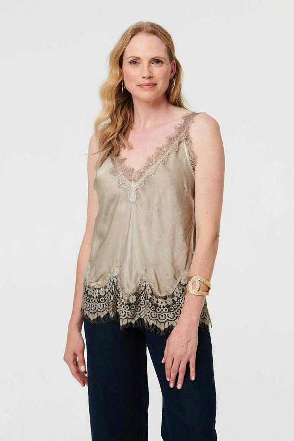 Taupe | Lace Trim Sleeveless Cami Vest Top : Model is 5'9"/175 cm and wears UK10/EU38/US6/AUS10
