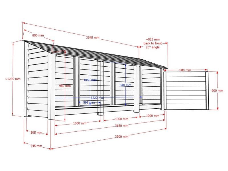 Arbor Garden Solutions Slatted Wooden Log Store with Shelf W-335cm, H-126cm or 180cm, D-88cm - Brown Finish