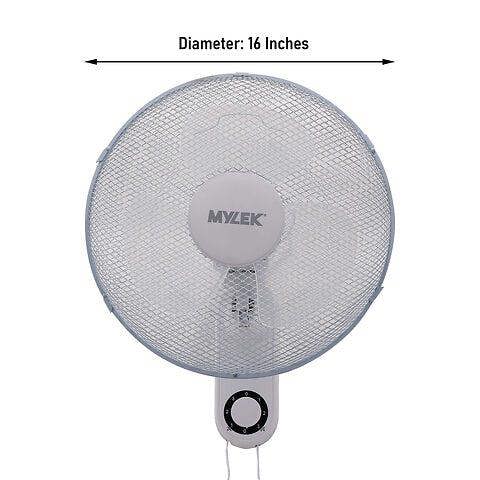 MYLEK 16" Wall Fan White - Oscillating Design with 3 Speed Settings - Pull Cord Operation - Adjustable Angle - For Homes & Offices