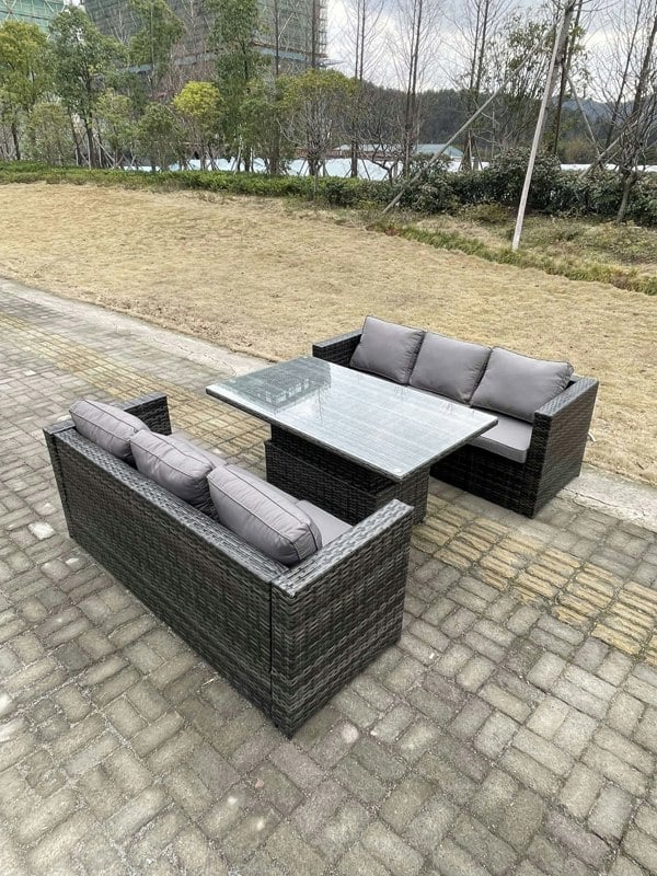 Fimous 6 Seater?Outdoor Rattan Sofa Set Garden Furniture Adjustable Rising Lifting Dining Table Dark Grey Mixed