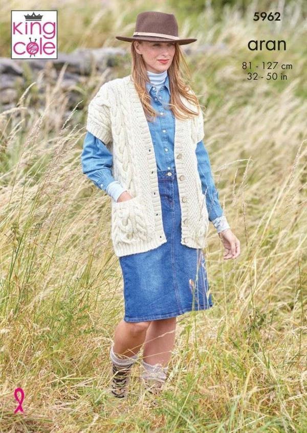 King Cole Wool Aran Knitting Pattern 5962, Cardigans, Waistcoats for Women, 32 - 50 Inches