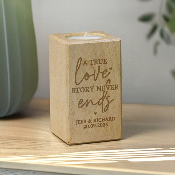 Personalised Memento Company Personalised Love Story Wooden Tealight Holder