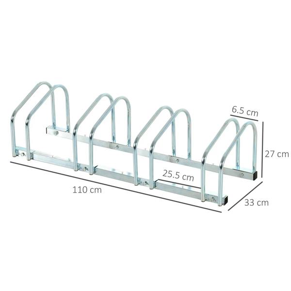 Silver 4-bike bicycle parking rack with arched holders and overall size dimensions