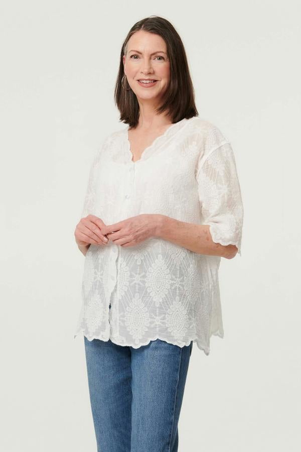 White | Embroidered Lace 1/2 Sleeve Shirt