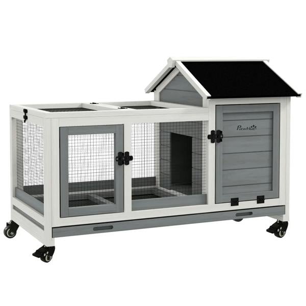 Grey wooden rabbit hutch with wire mesh panels, side doors, and black roof on wheels