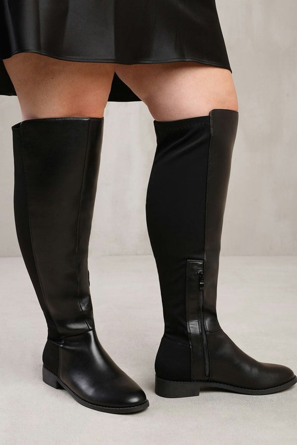 Where's That From Diem Stretch Wide Calf Over the Knee Boots in Wide E Fit in Black Faux Leather