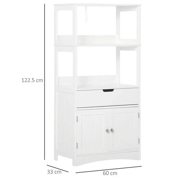 White floor cabinet with open upper shelves, middle drawer, and bottom doors; size shown