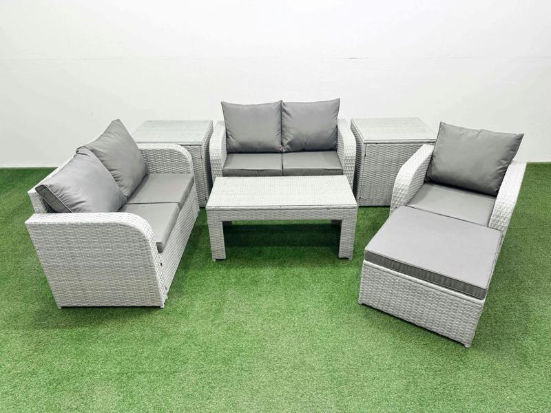 Fimous High Back Outdoor Set, Poly Rattan, Reclining Loveseat, Oblong Coffee Table, Big Stool and 2 Side Tables, Light Grey