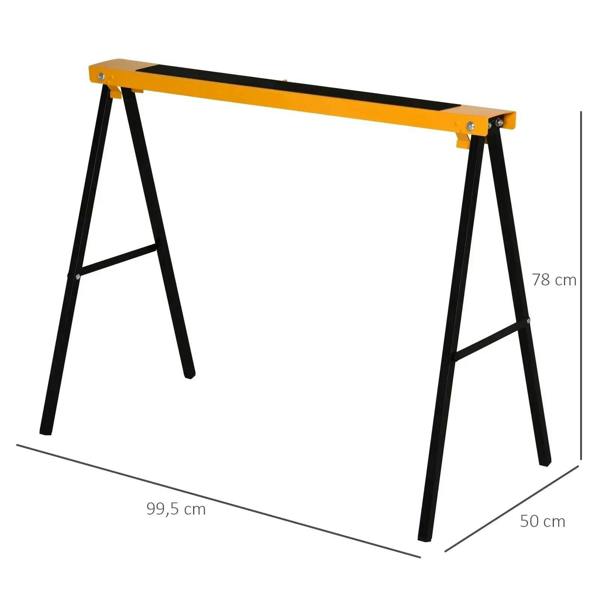 Orange top-bar sawhorse stand with black legs, shown with size dimensions.