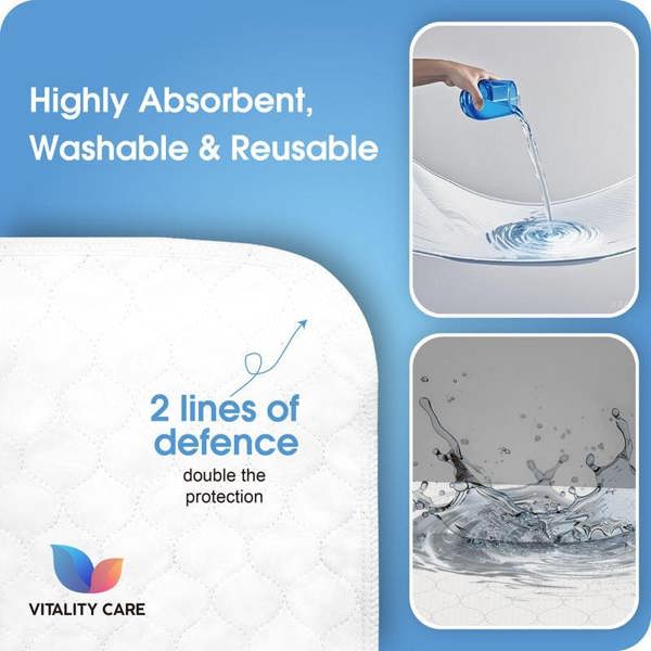 Vitality Care Incontinence Washable Bed Pads Protection Sheets - Reusable with High Absorbency