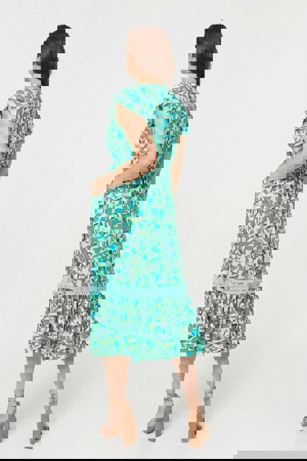 Green | Leaf Print Cap Sleeve Lace Trim Midi Dress
