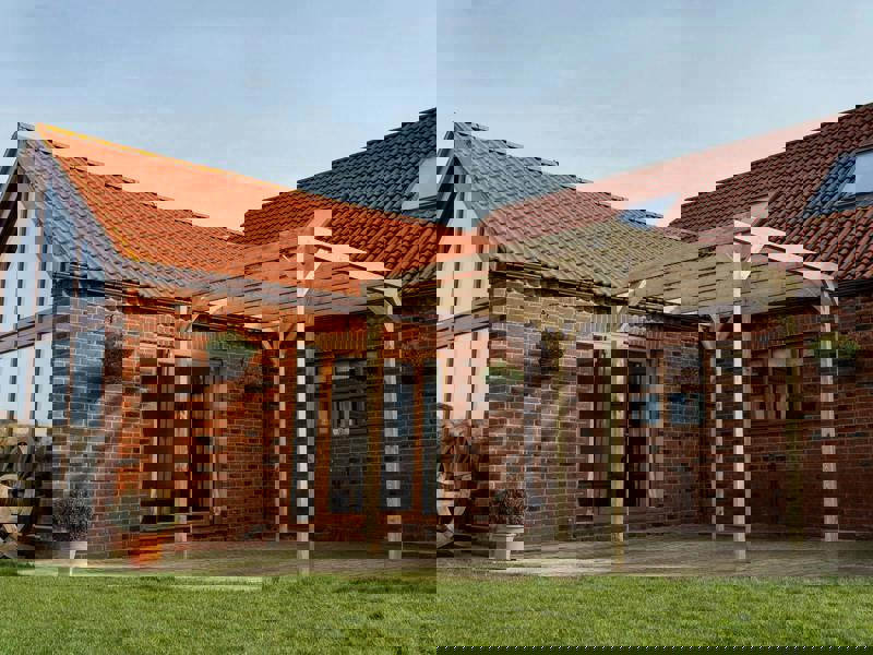 Box-style wooden garden pergola kit made from high quality timber, featuring straight square posts and beams with a clean, modern open frame design for gardens, patios, and outdoor seating areas.