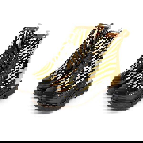 Embassy London Hatter - Black & Gold Stripes - Women's Leather Ankle Lace-up Boot with gold foil zebra stripes