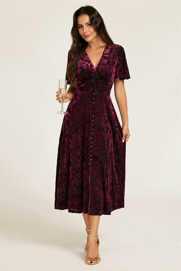 FS Collection Floral Velvet Devore V neckline Dress In Wine