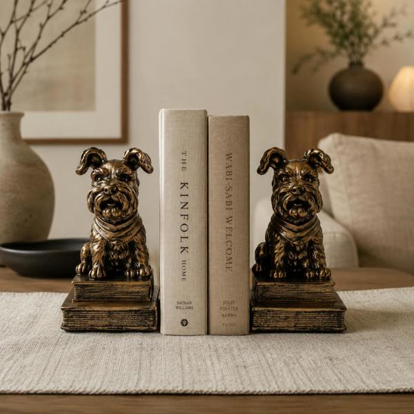 Bronze dog bookends on books with a home decor background