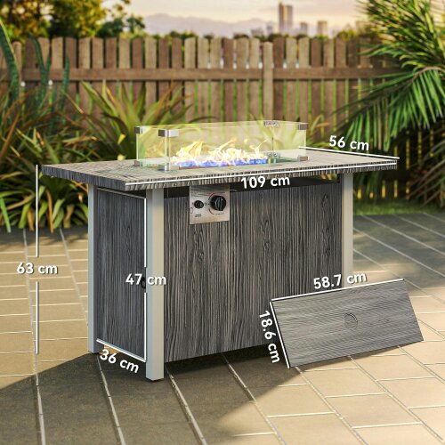 Wyld Haus Luno Rectangular Steel Dark Grey Gas Fire Pit Table With Cover And Glass Screen