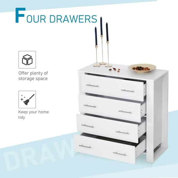 White 4-drawer storage cabinet with metal bar handles and open top compartment
