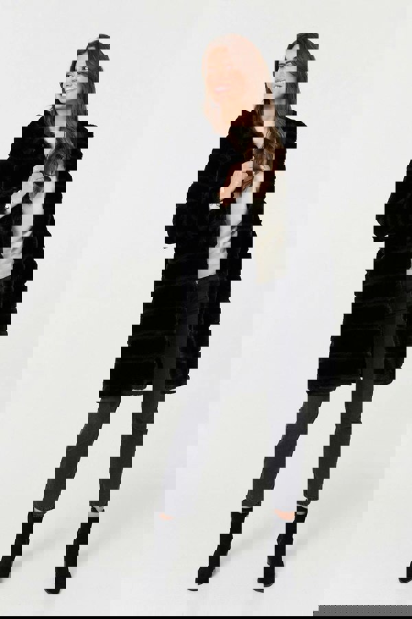 Black | Faux Fur Thigh Length Hooded Jacket
