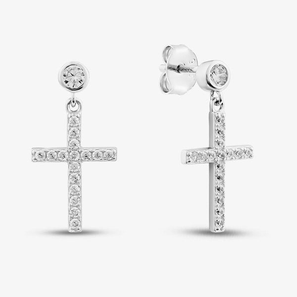 T. H. Baker Sterling Silver Rhodium Plated Cross Cubic Zirconia Drop Earrings 8.53.0016