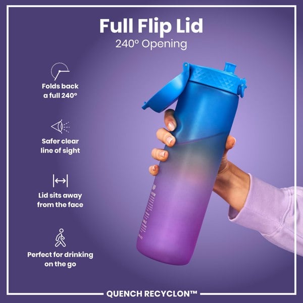 A purple and blue water bottle is being held; its lid flips open 240 degrees. The bottle is shown against a purple background. Full Flip Lid 240° Opening. Quench Recyclon™.