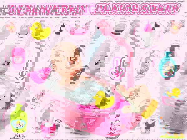 deAO Toys Baby Doll Bath Set with Accessories 11PCS Pretend Play Bathtub Toy Realistic Baby Doll, Bathrobe, Bathtub Role Play Set