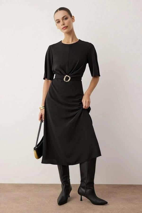 WOVCOR Midi Woven Dress with Accessory Details