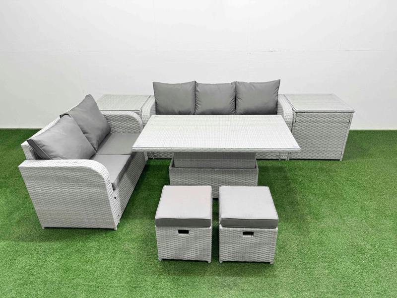 Fimous 7 Seater Outdoor Furniture Set, PE Rattan Wicker, Adj Height Table, 3 Seater Sofa, Love Sofa, 2 Stools and 2 Side Tables, Light Grey