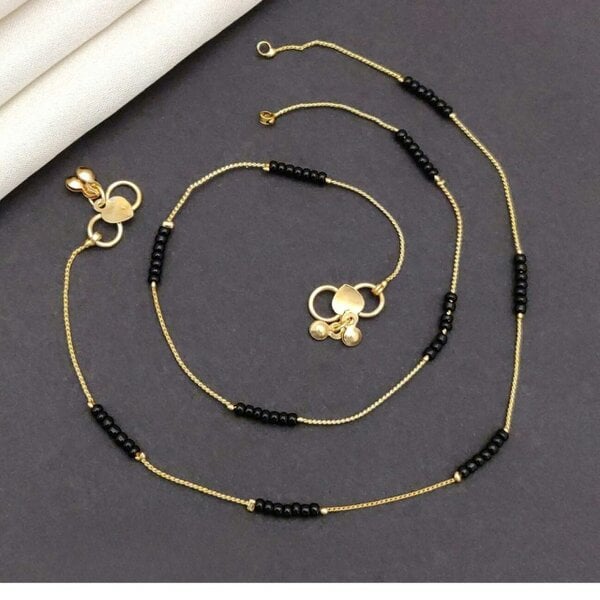 The Colourful Aura Golden Brass Black Pearl Minimalist Thin Slim Foot Payal Anklet - 2 Pcs