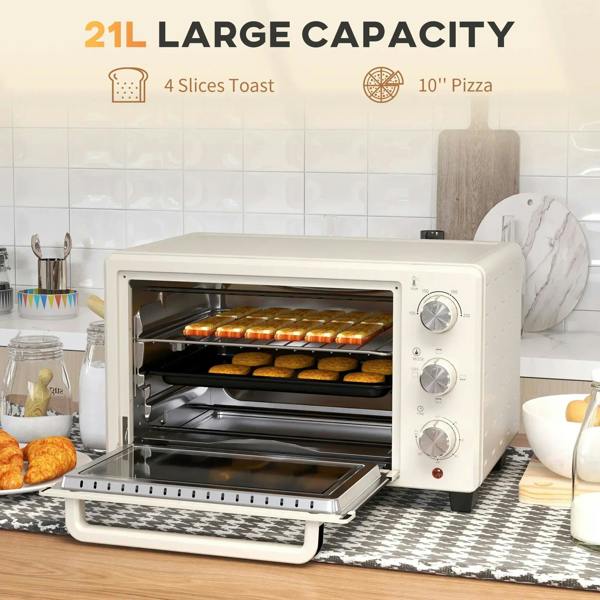 Cream mini countertop oven with open door, interior rack, and baking tray