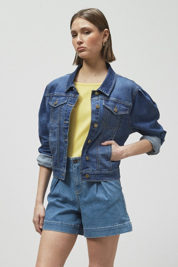 ENORSIA Mid Blue Puff Sleeve Denim Mid Wash Jacket