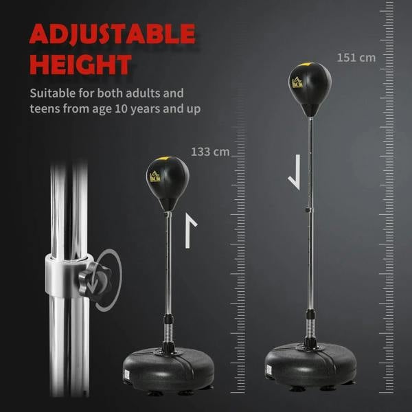 Black punching bag on adjustable-height stand with chrome pole