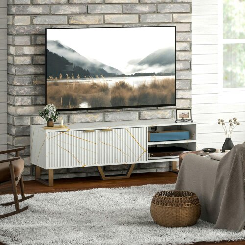 Wyld Haus Veriri 140cm White Marble and Gold Effect TV Unit With Fluted Doors For Screens Up To 70 Inches