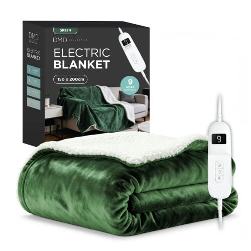 DMD Collective Heated Electric Blanket - Sherpa Fleece, Auto-Off, 9 Heat Levels - 150cm x 200cm - Green