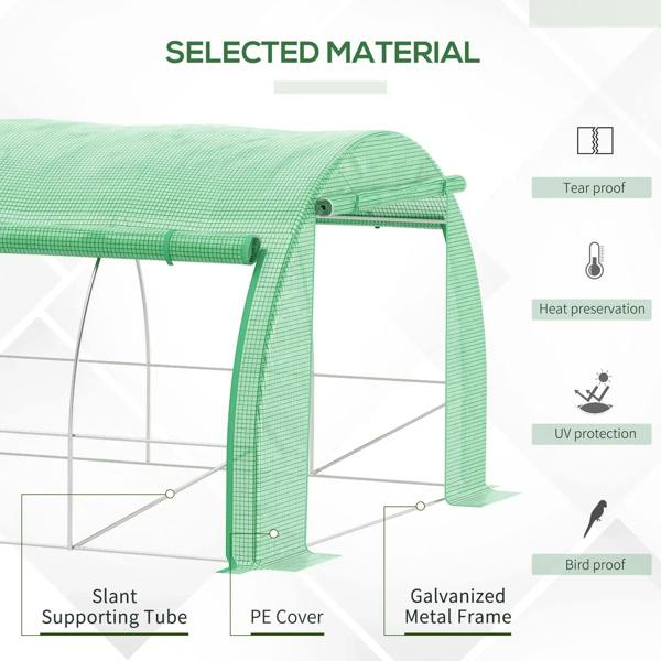 Green greenhouse tent showing slant support tube and galvanized metal frame with PE cover