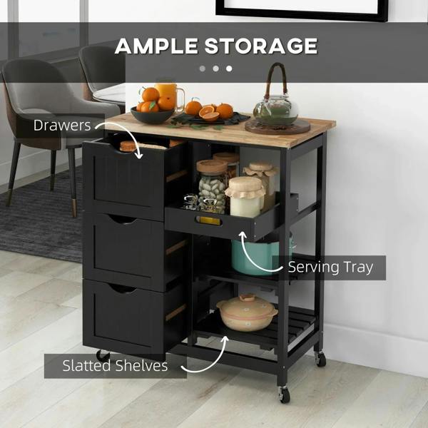 Black kitchen island cart with wood top, drawers, and slatted shelves; serving tray extended