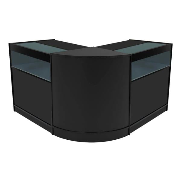 Black Iris LED shop counter set with two B900 display units, featuring sleek glass tops and modern curved design for retail spaces