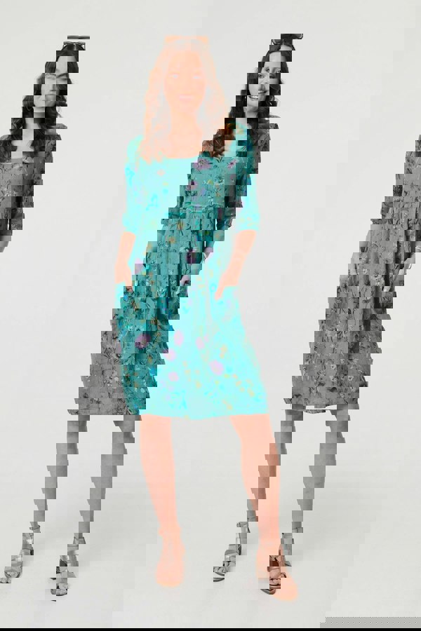 Teal | Floral 3/4 Sleeve Short Shift Dress
