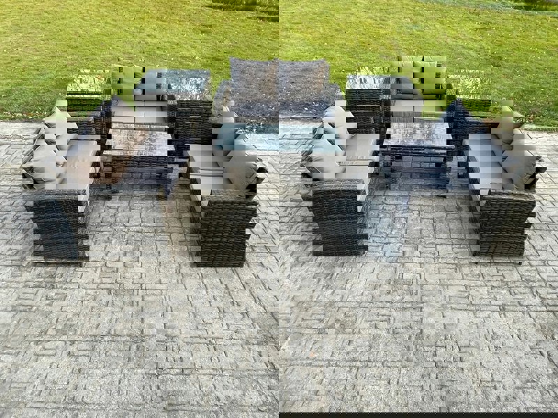 Fimous 6 PCS Outdoor Lounge Sofa Set Wicker PE Rattan Garden Furniture Set with Coffee Table Double Seater Sofa 2 Side Tables Dark Grey Mixed