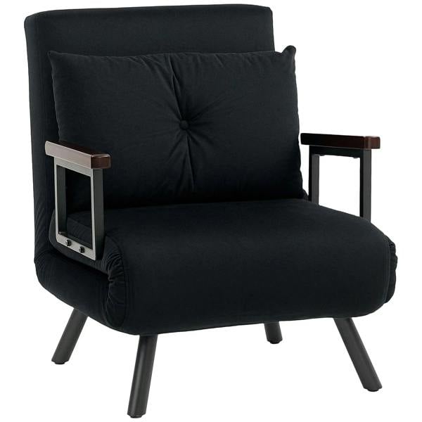 Black velvet-feel single chair bed with pillow, tufted back and armrests