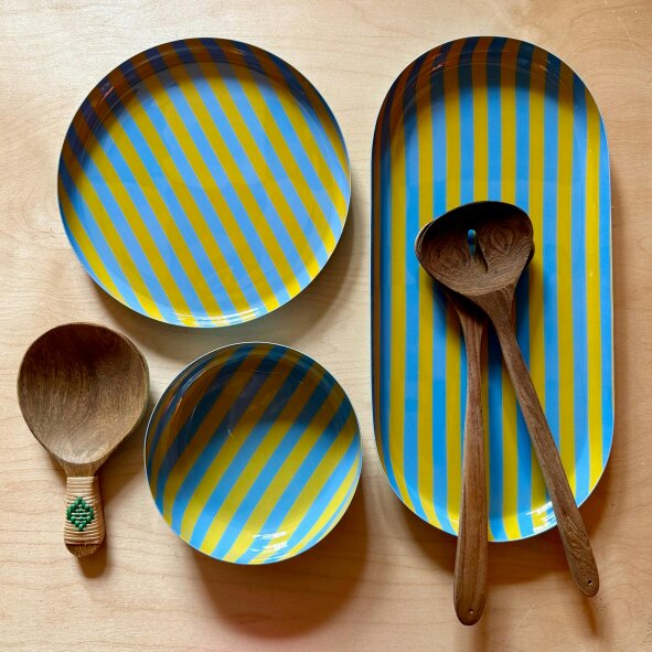 Love Frankie Large Stripy Oval Trays - 5 Colours Available - Large Oval Stripy Tray in Soft Blue and Mustard