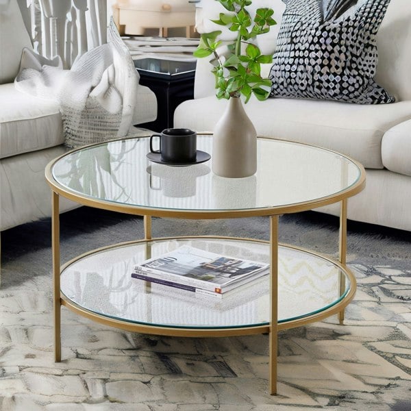 Rafaelo Mobilia Industrial 2 Tier Round Coffee Table With Tempered Glass