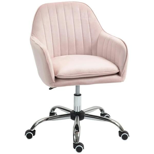 Pink velvet-feel tub office chair with seat cushion, swivel caster base.