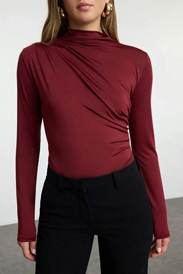 WOVCOR Stand Collar Knit Bodysuit with Gathered Detail