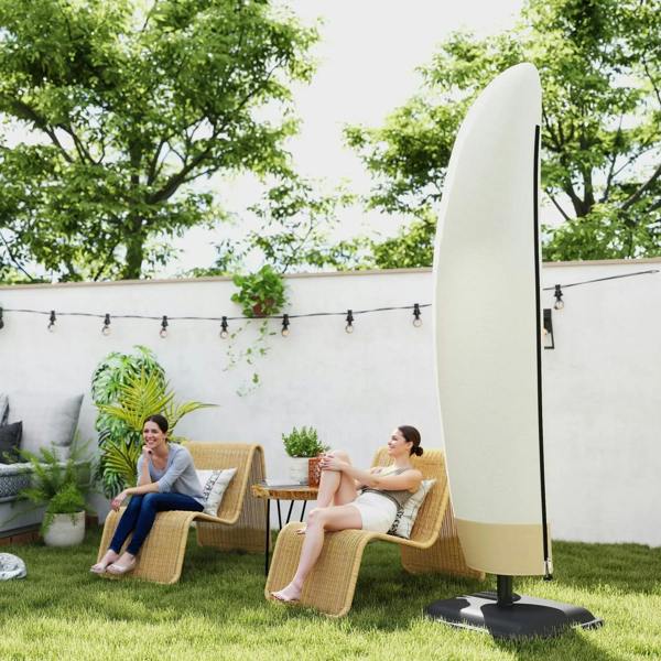 Beige cantilever umbrella cover on outdoor lawn, shelter over the umbrella frame