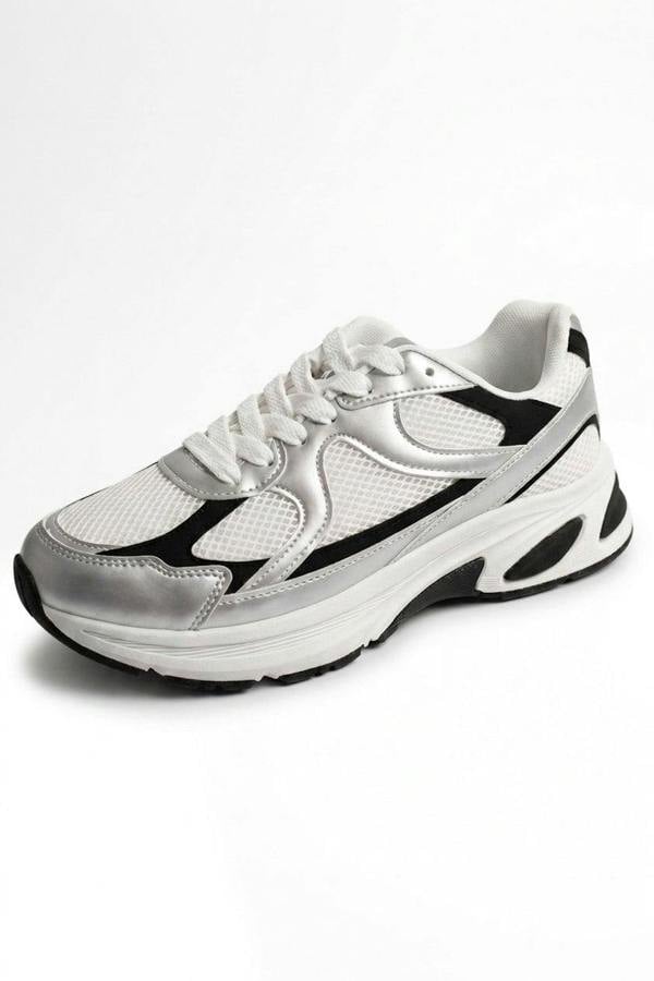 Maud Metallic Panel Mesh Trainers - Silver_wb