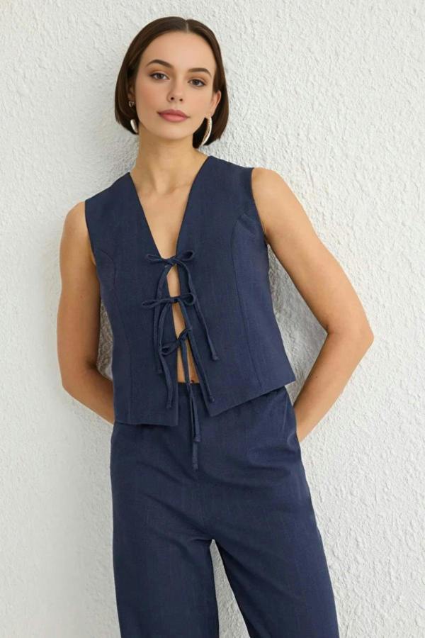 WOVCOR 2-Piece Tie-Front Linen-Look Blouse & Wide Leg Woven Pants Set