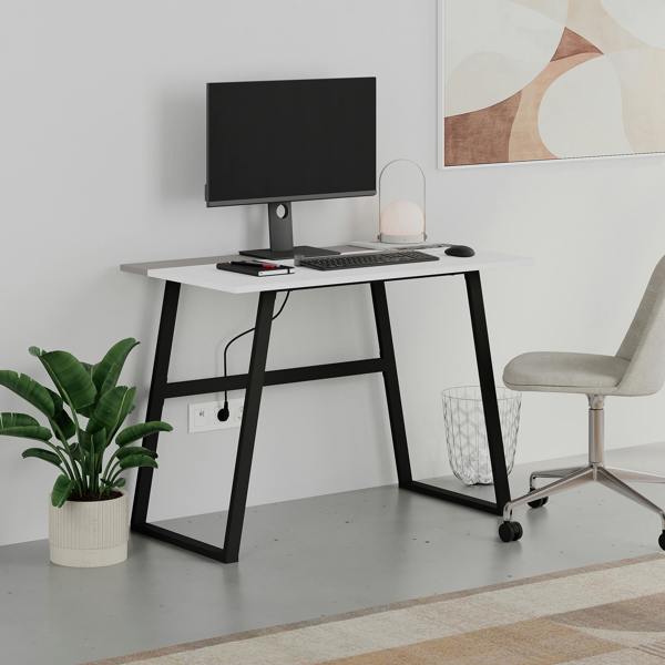 Decortie Modern Compact Rectangular Work Desk, Easy Assembly, suitable for Small Spaces, Robust Black Metal Legs, White,Mocha Grey