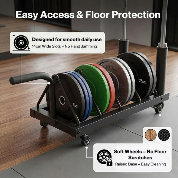 Centra Weight Plate Rack with 4 Plate Slots Wheels Horizontal Barbell Storage