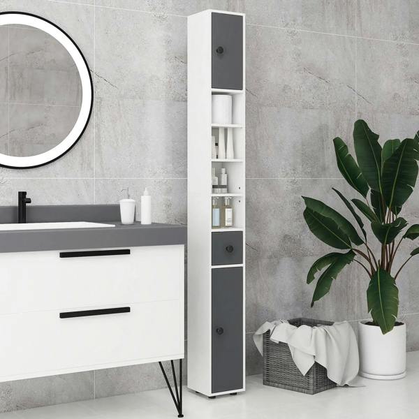 Slim grey tall cabinet with open shelves and cupboard door compartments